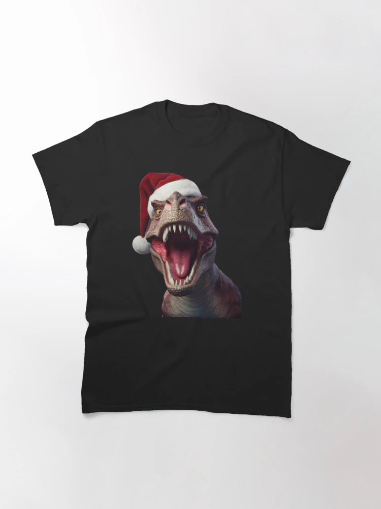 A T-Rex wearing a santa hat