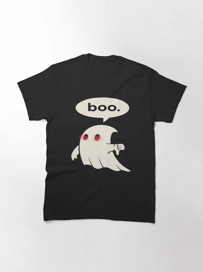 a humorous ghost with glowing red eyes giving a