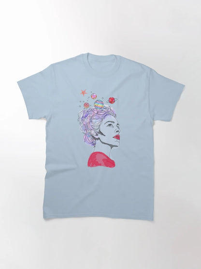 A Woman with Thoughts Orbiting Her Head Like Planets