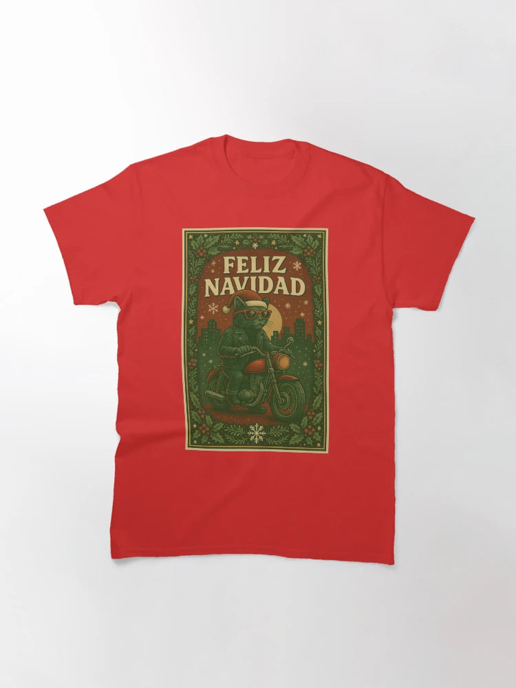 Feliz Navidad – Christmas Biker Cat in Retro Style