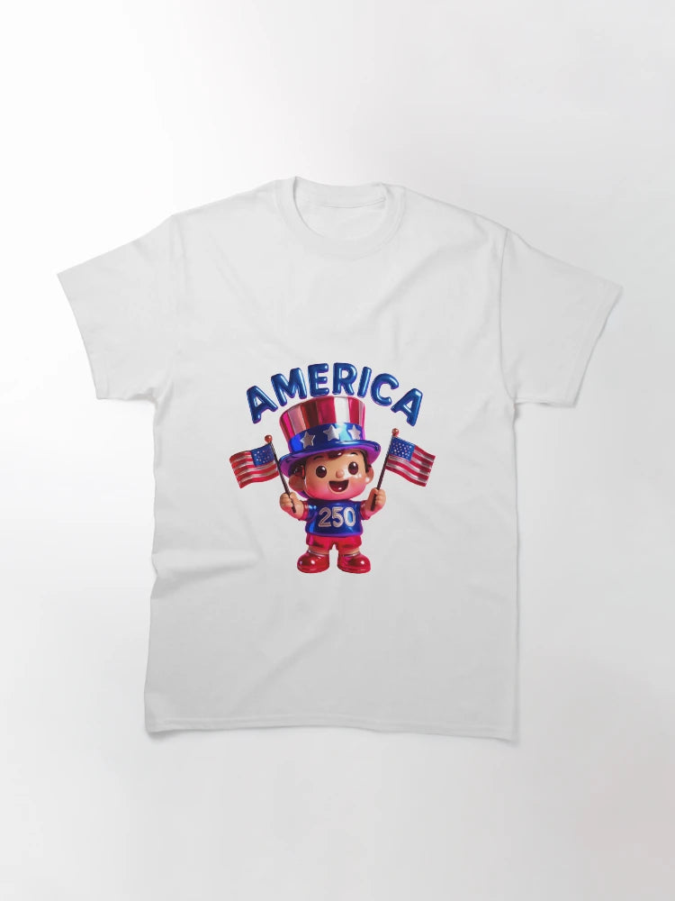 3D cartoon America 250 – Cute Patriotic Kid with Flags (3D Cartoon Style)