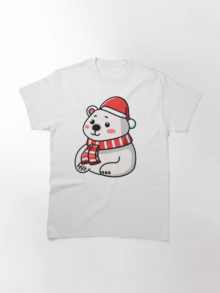 A cute polar bear wearing a Santa hat and scarf