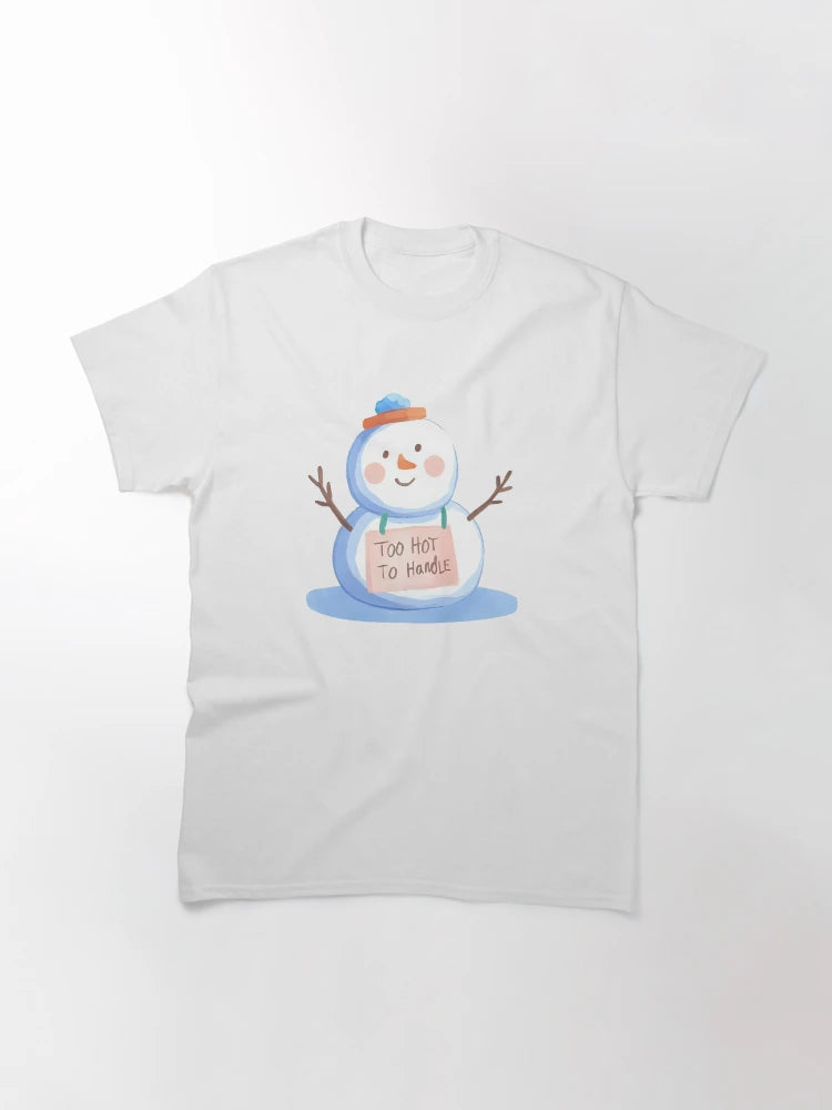 A melting snowman with a silly face and a sign that says “Too Hot To Handle”, cute and funny sticker, cartoon style, transparent background, bold outline