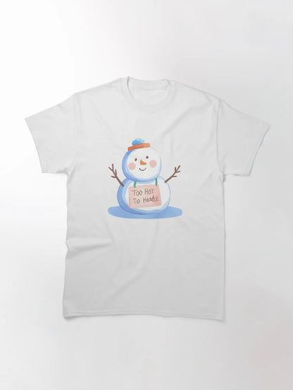 A melting snowman with a silly face and a sign that says “Too Hot To Handle”, cute and funny sticker, cartoon style, transparent background, bold outline