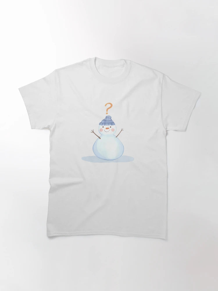 A confused snowman with big round eyes and a question mark above its head, cartoon style, white outline, transparent background, funny winter sticker