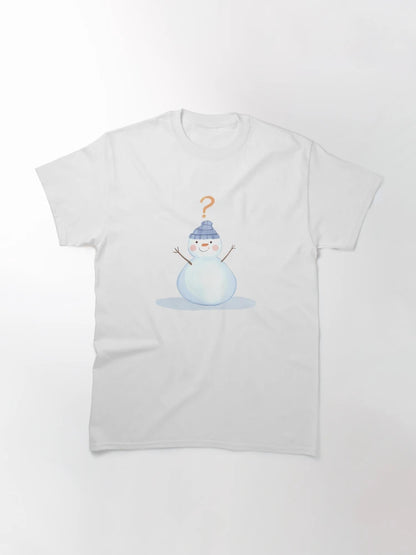A confused snowman with big round eyes and a question mark above its head, cartoon style, white outline, transparent background, funny winter sticker