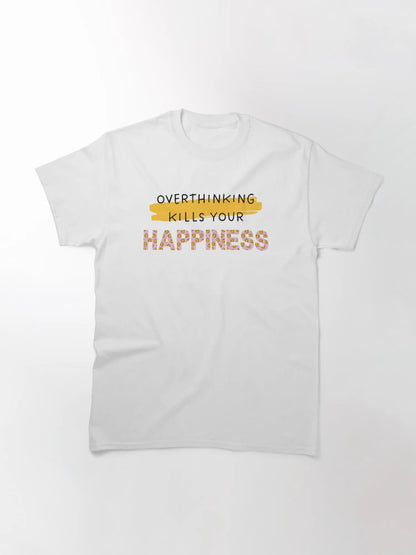 Overthinking Kills Your Happiness, Yellow Brushstroke and letters filled with Yellow and Pink Smileys pattern