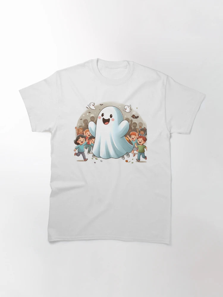 Adorable Friendly Ghost Leading a Halloween Parade of Kids