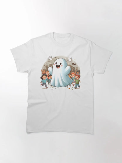 Adorable Friendly Ghost Leading a Halloween Parade of Kids