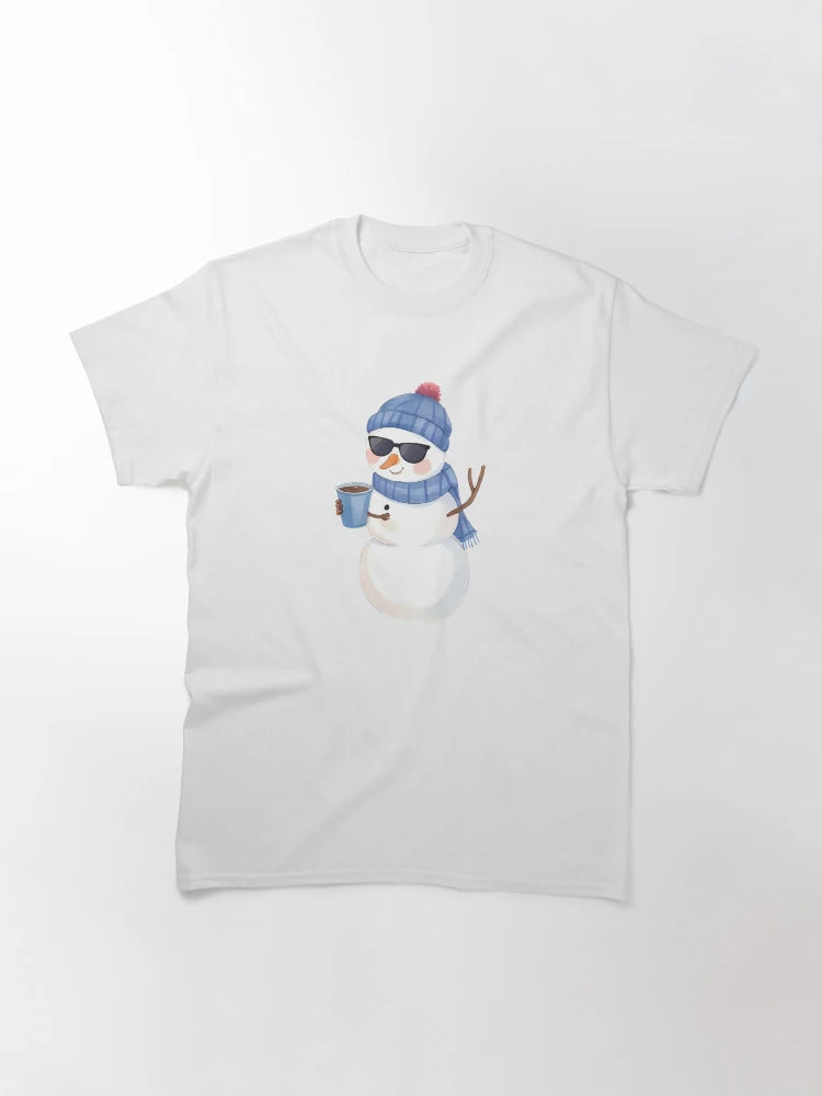 A cool snowman wearing sunglasses and holding a mug of hot cocoa, confident pose, cute sticker design, bold outline, transparent background, winter holiday theme