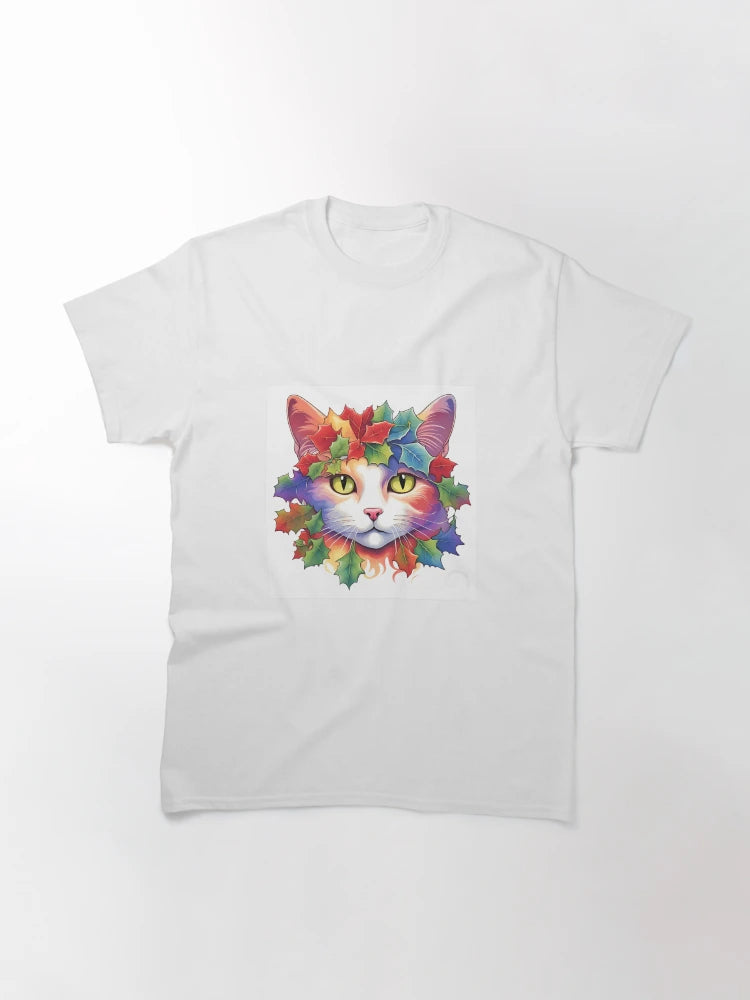 Festive Cat with Rainbow Painted Holly Leaves