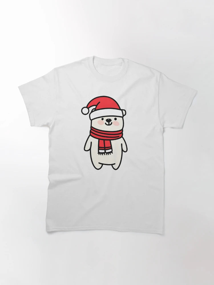 A cute polar bear wearing a Santa hat and scarf