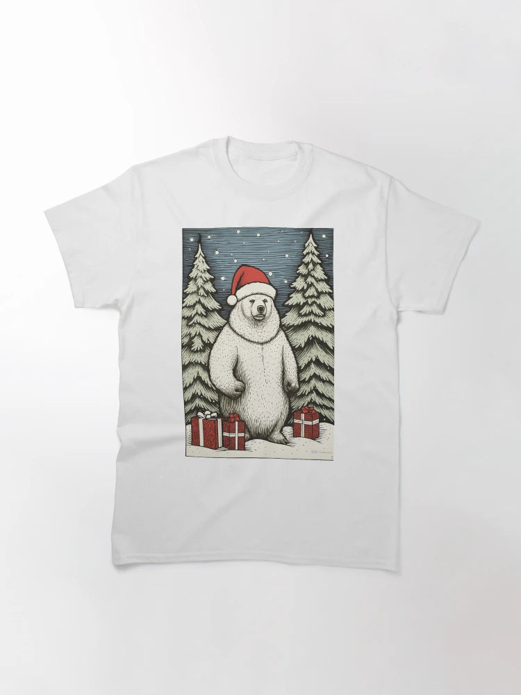 A polar bear wearing Santa hat on a snowy evening