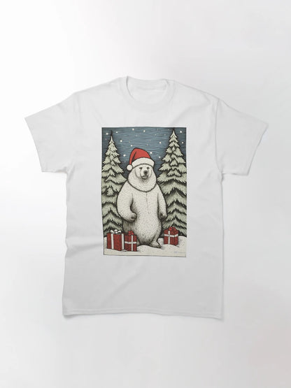 A polar bear wearing Santa hat on a snowy evening