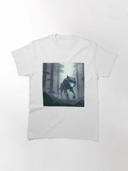 A Cyber Wolf is Running in a Misty Forest