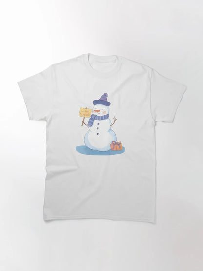 A melting snowman with a silly face and a sign that says “Too Hot To Handle”, cute and funny sticker, cartoon style, transparent background, bold outline
