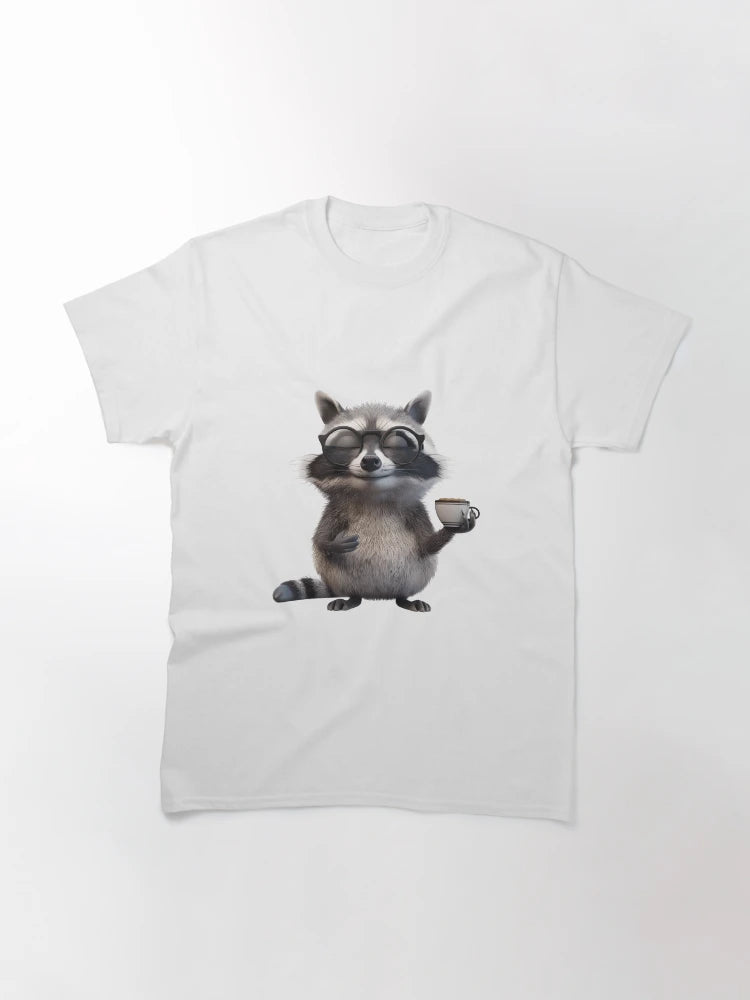 A chubby raccoon wearing oversized glasses, holding a tiny cup of coffee with a smirk