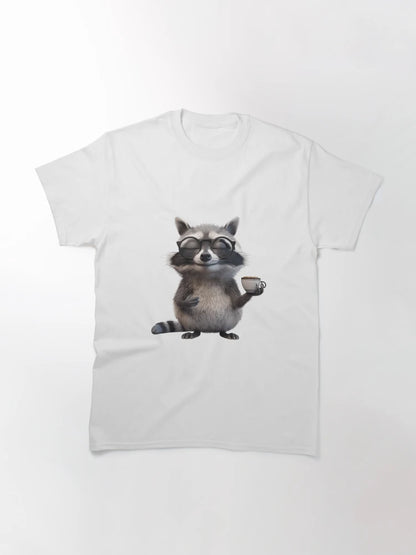 A chubby raccoon wearing oversized glasses, holding a tiny cup of coffee with a smirk