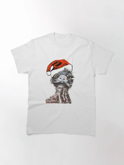 Emu chick wearing red Santa hat.