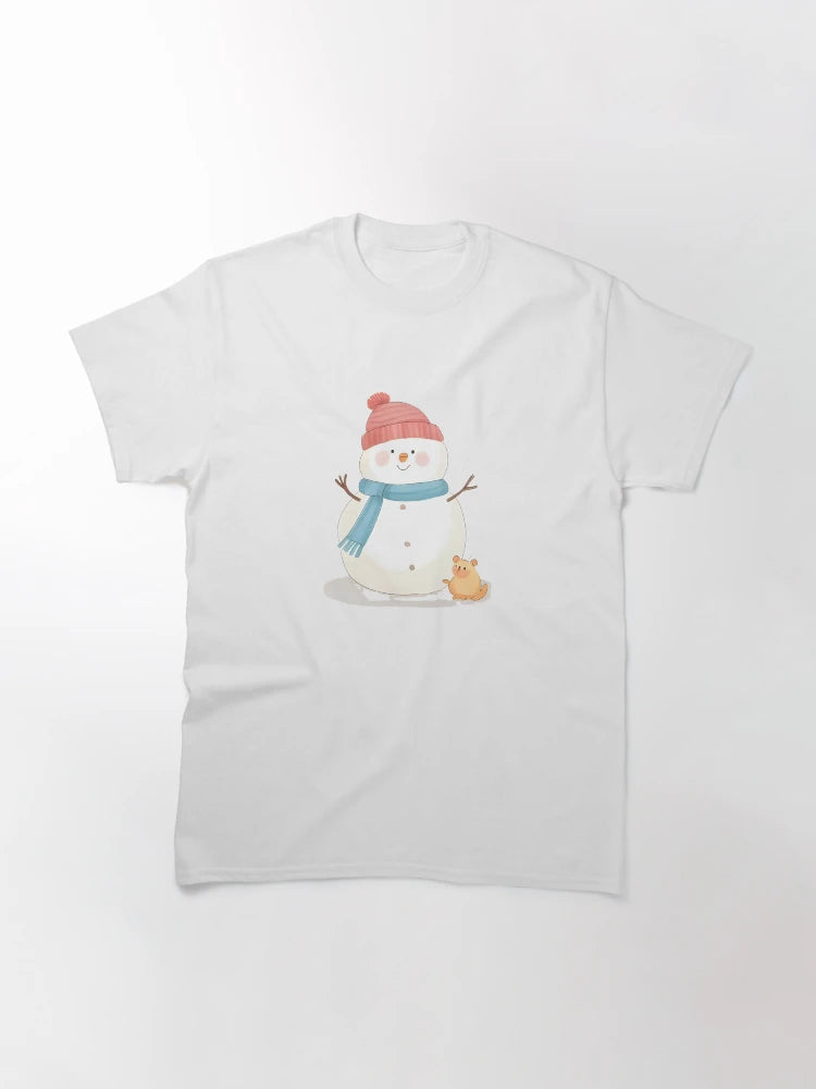 A friendly snowman with a tiny bird on its head and a mouse near its feet, warm smile, winter sticker design, soft pastel colors, white border, transparent background