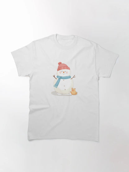 A friendly snowman with a tiny bird on its head and a mouse near its feet, warm smile, winter sticker design, soft pastel colors, white border, transparent background