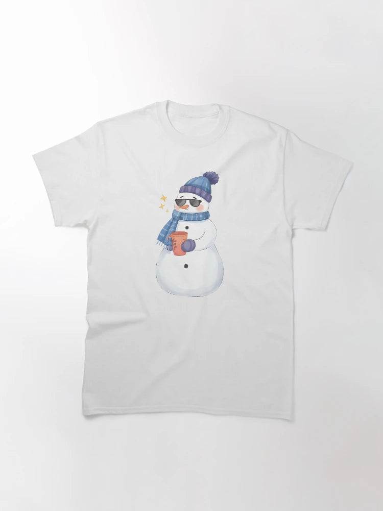 A cool snowman wearing sunglasses and holding a mug of hot cocoa, confident pose, cute sticker design, bold outline, transparent background, winter holiday theme