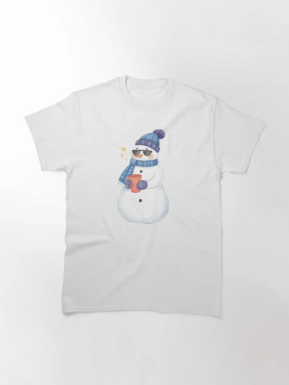 A cool snowman wearing sunglasses and holding a mug of hot cocoa, confident pose, cute sticker design, bold outline, transparent background, winter holiday theme