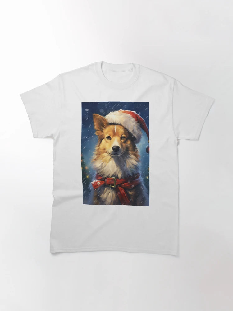 A dog wearing a Santa hat with Christmas lights