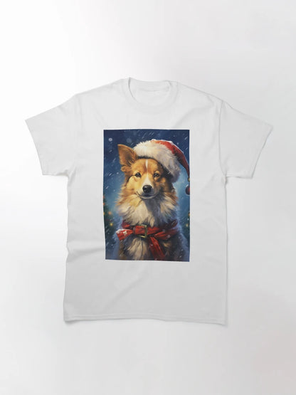 A dog wearing a Santa hat with Christmas lights