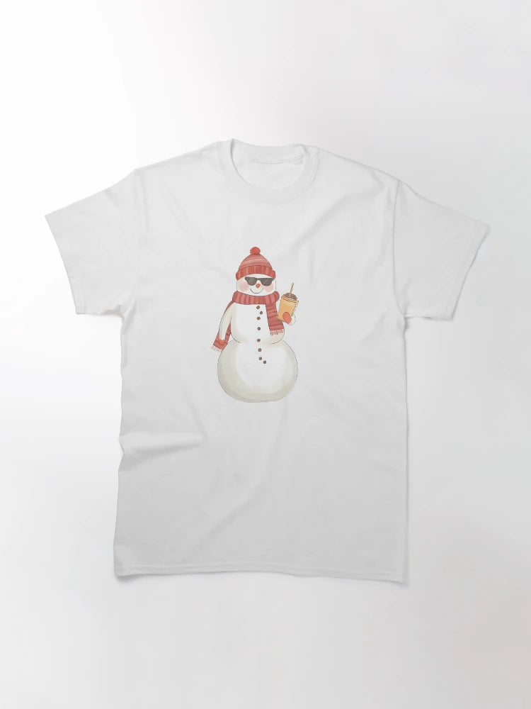 A cool snowman wearing sunglasses and holding a mug of hot cocoa, confident pose, cute sticker design, bold outline, transparent background, winter holiday theme
