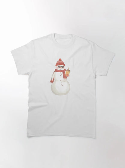 A cool snowman wearing sunglasses and holding a mug of hot cocoa, confident pose, cute sticker design, bold outline, transparent background, winter holiday theme