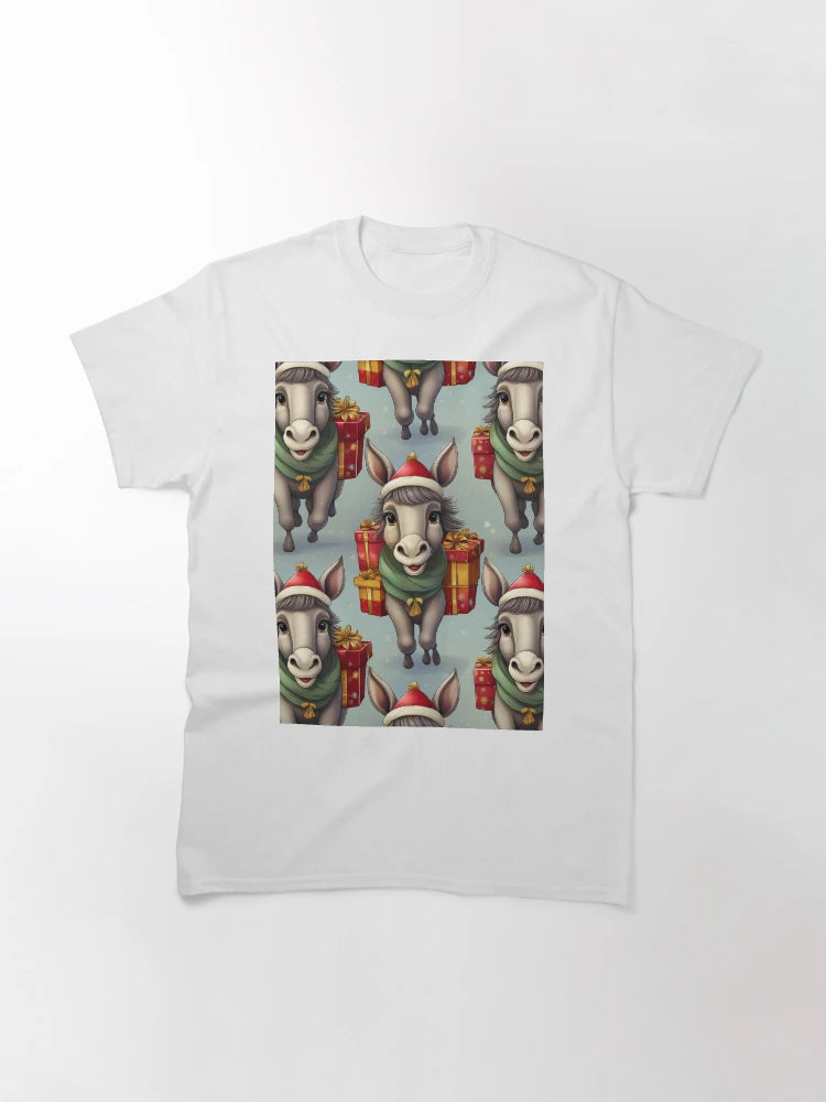 Donkey's Christmas Workshop: A busy pattern featuring donkeys helping Santa Claus deliver gifts.