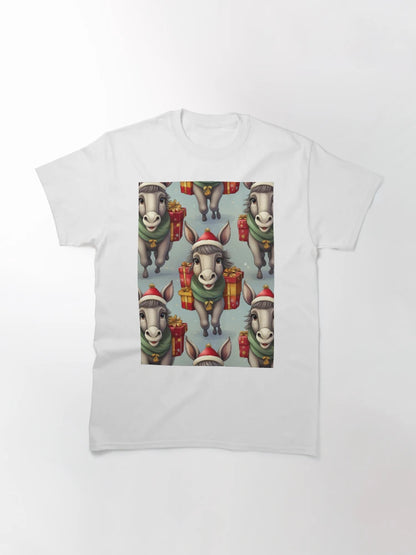 Donkey's Christmas Workshop: A busy pattern featuring donkeys helping Santa Claus deliver gifts.