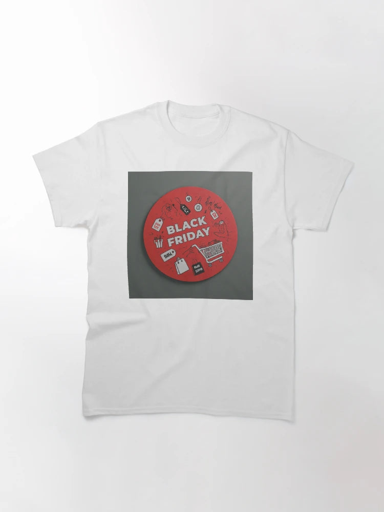 A red circle with a black friday sale sign on it