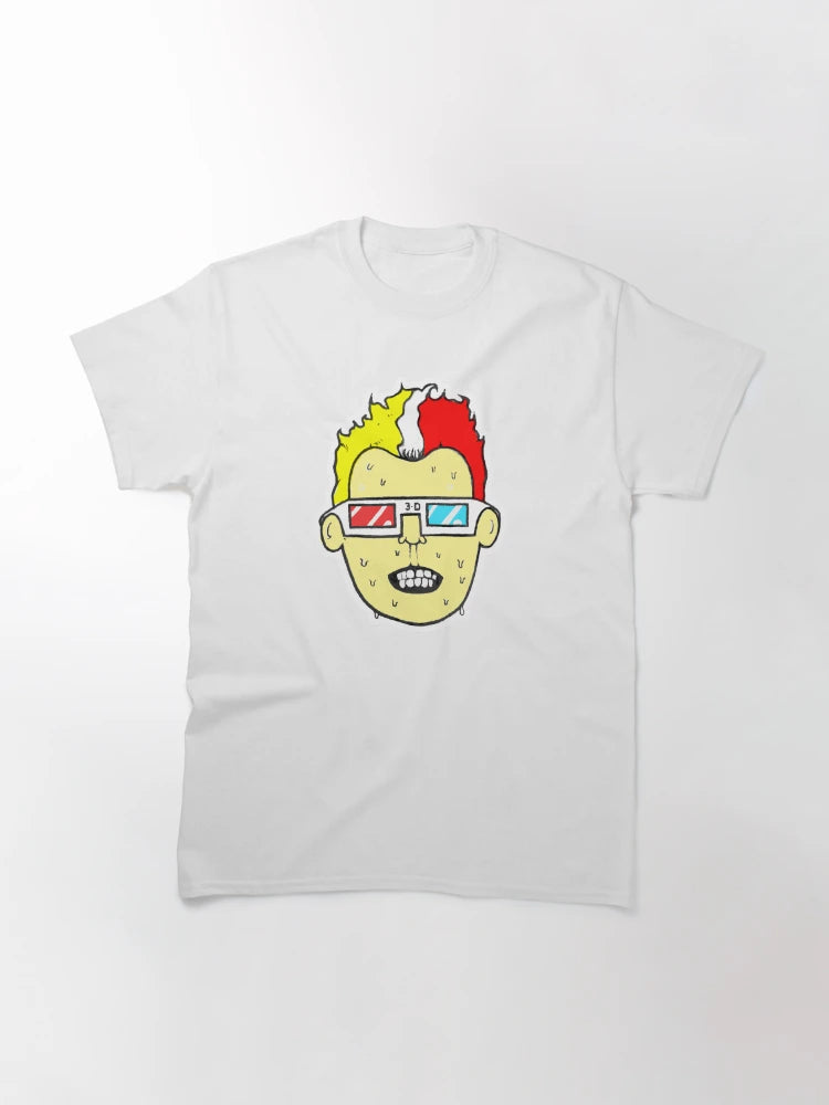 3D glasses wearing sweating cartoon head