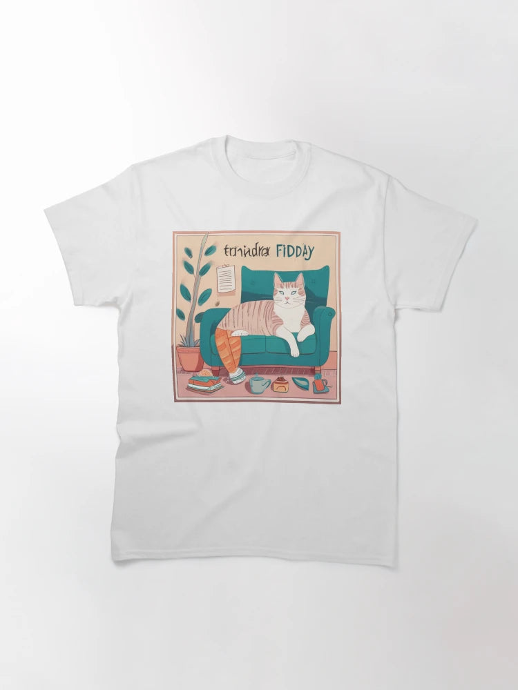 A cozy and cheerful scene featuring a contented cat celebrating Friday. The cat is lounging comfortably in a relaxed setting