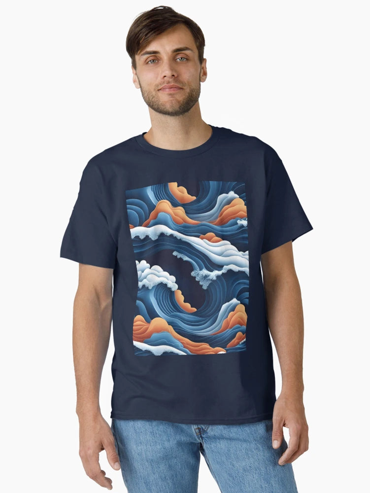 Aesthetic Textured Blue and Orange Wave Design with Sea Foam Accents