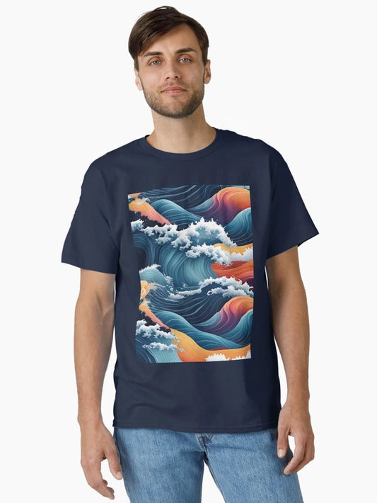 Aesthetic Textured Rainbow Fractal Wave Design with Sea Spray Accents