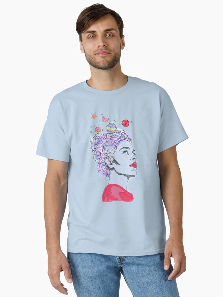 A Woman with Thoughts Orbiting Her Head Like Planets