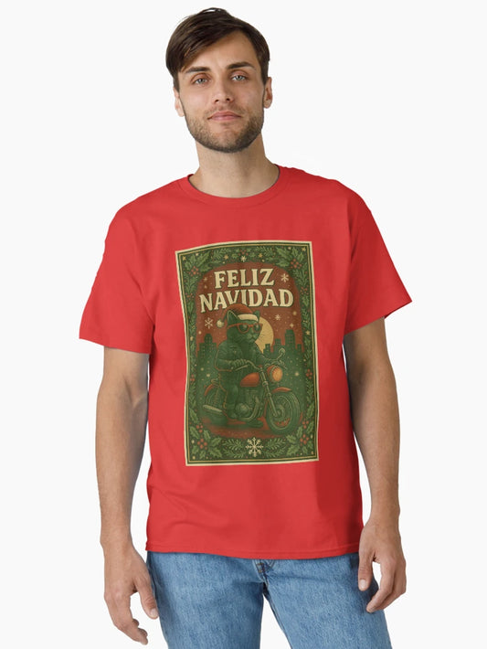 Feliz Navidad – Christmas Biker Cat in Retro Style