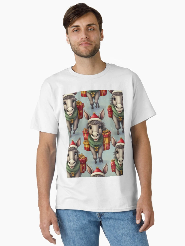 Donkey's Christmas Workshop: A busy pattern featuring donkeys helping Santa Claus deliver gifts.