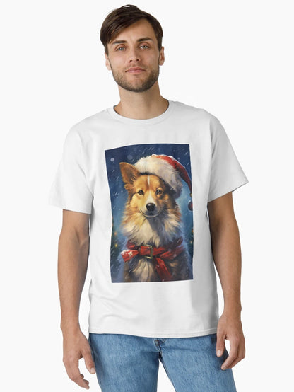 A dog wearing a Santa hat with Christmas lights