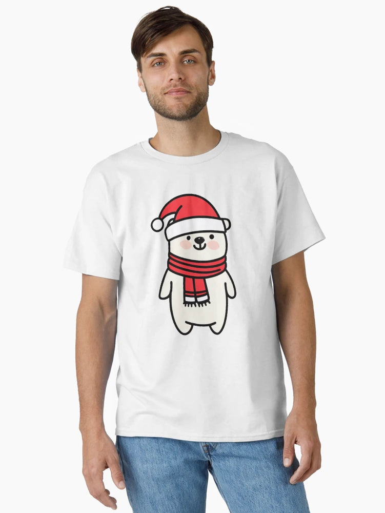 A cute polar bear wearing a Santa hat and scarf