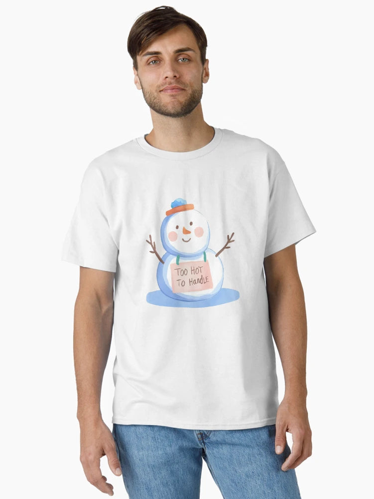 A melting snowman with a silly face and a sign that says “Too Hot To Handle”, cute and funny sticker, cartoon style, transparent background, bold outline