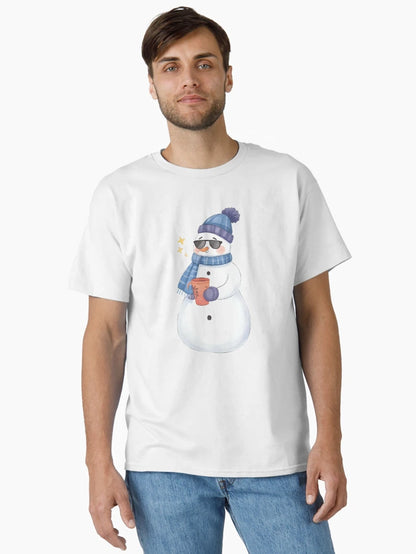 A cool snowman wearing sunglasses and holding a mug of hot cocoa, confident pose, cute sticker design, bold outline, transparent background, winter holiday theme
