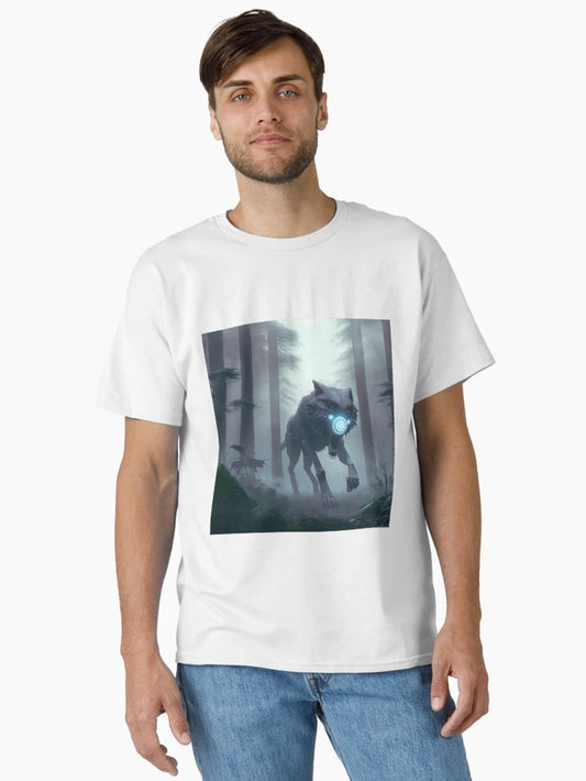 A Cyber Wolf is Running in a Misty Forest