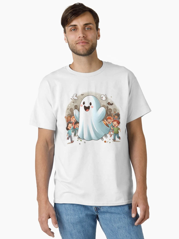 Adorable Friendly Ghost Leading a Halloween Parade of Kids