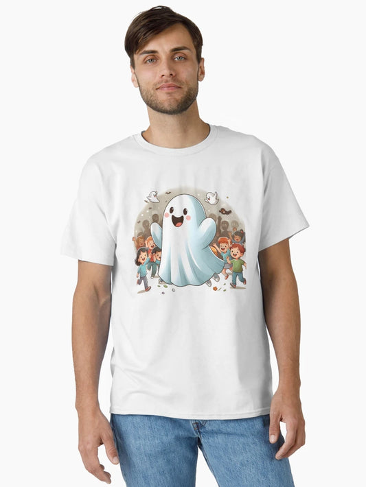 Adorable Friendly Ghost Leading a Halloween Parade of Kids