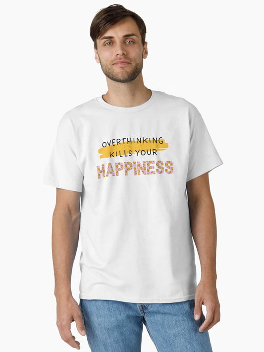 Overthinking Kills Your Happiness, Yellow Brushstroke and letters filled with Yellow and Pink Smileys pattern