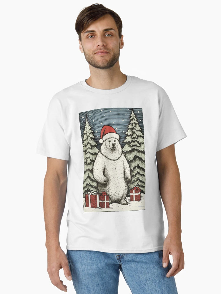 A polar bear wearing Santa hat on a snowy evening